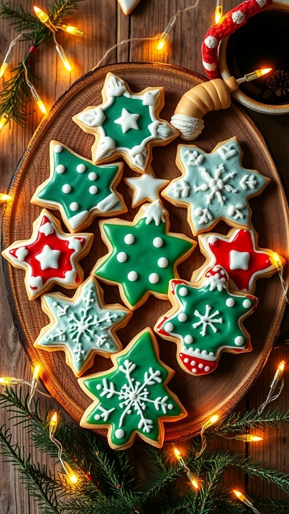 Festive Christmas Cookies with Royal Icing Recipe Decorated Christmas cookies with royal icing in festive shapes on a wooden platter with holiday decorations.